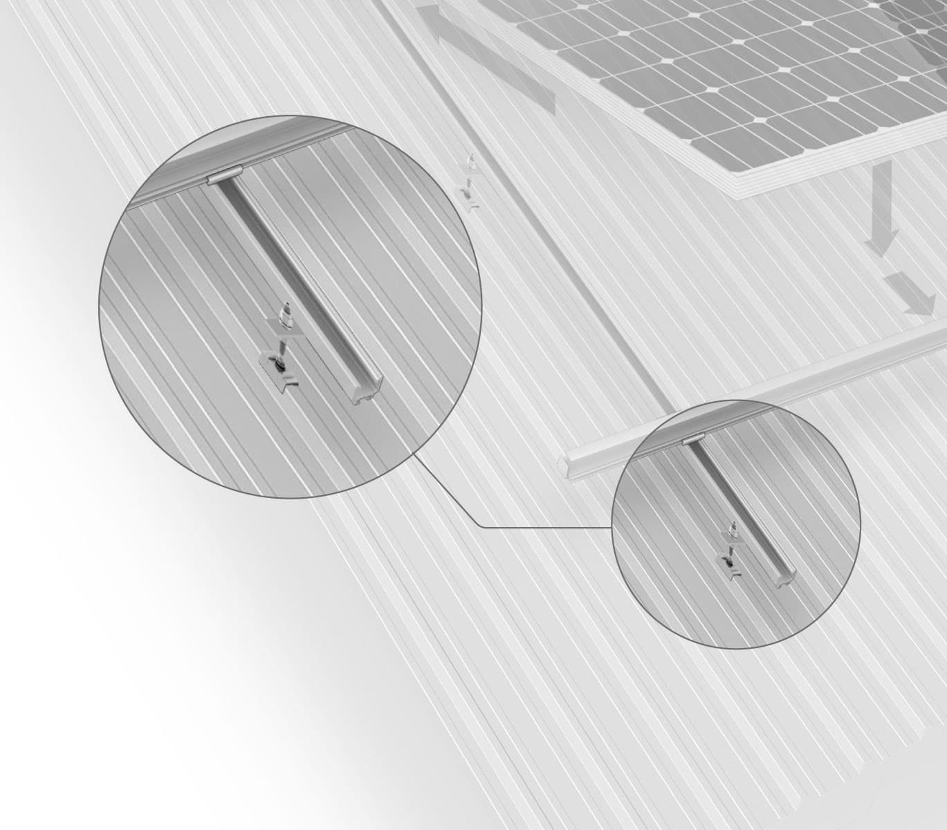Einlegesystem mit Solarbefestigern auf Blechdach