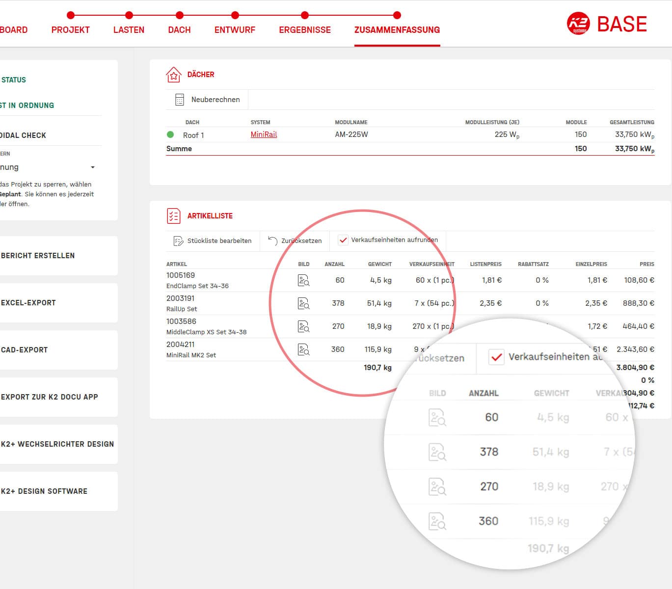 Screenshot K2 Base Artikelliste und Funktion „Verkaufseinheiten aufrunden“