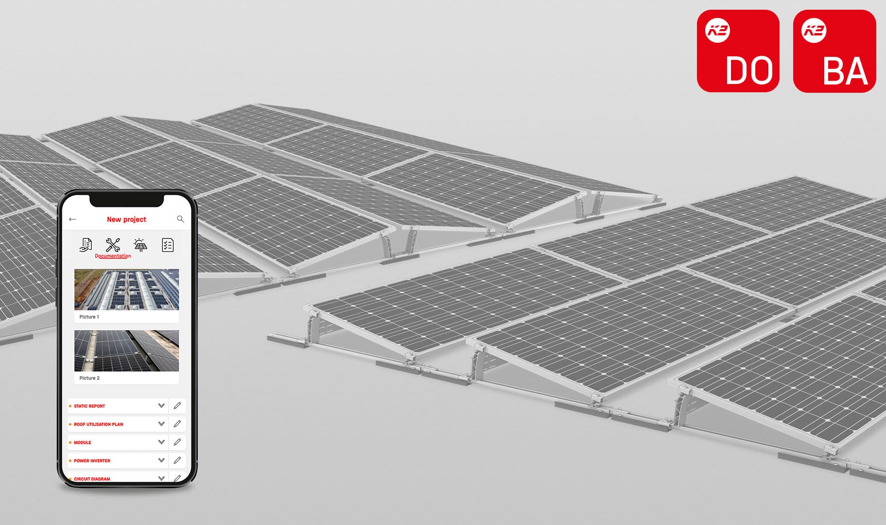 Illustration of flat roof PV system and K2 DocuApp for project entry
